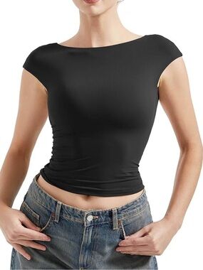 Amazon Women's Black Cap-Sleeve Boatneck Top